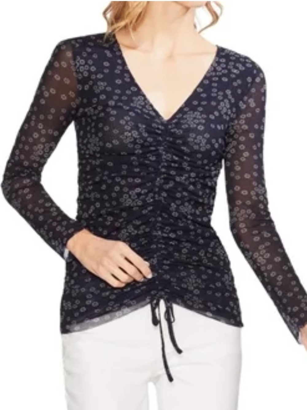 Vince Camuto Navy Floral Mesh Ruched Top Sheer Long Sleeve Blouse Large